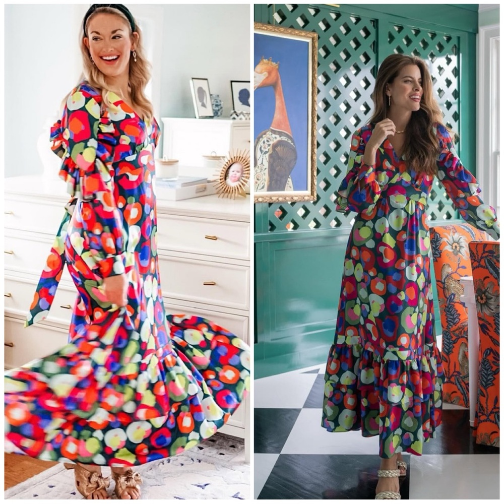 New Emily McCarthy Polka Dots Ruffle Maxi Long Sleeve Dress Floral Tiered 2XS - Picture 3 of 12